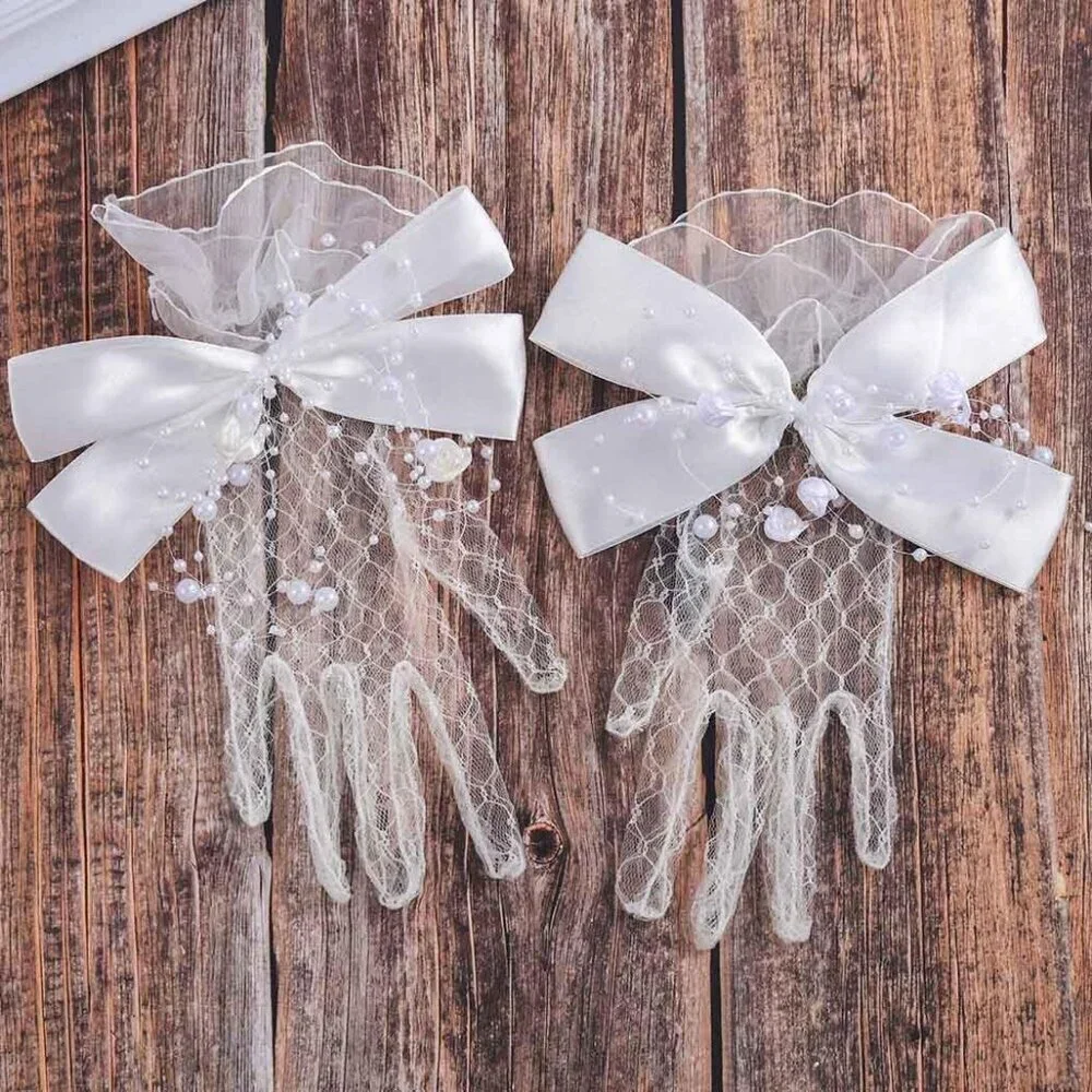 Women's Crystal Satin Bow Wrist White Gloves Short Length Wedding Accessories